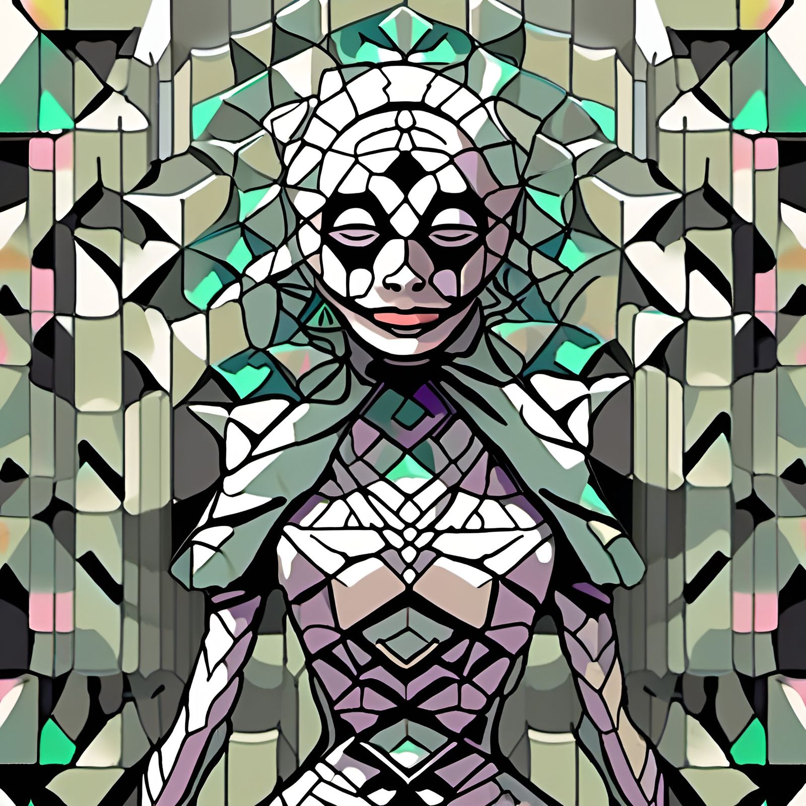 Woman in Geometric Mask Laughing: Digital Art