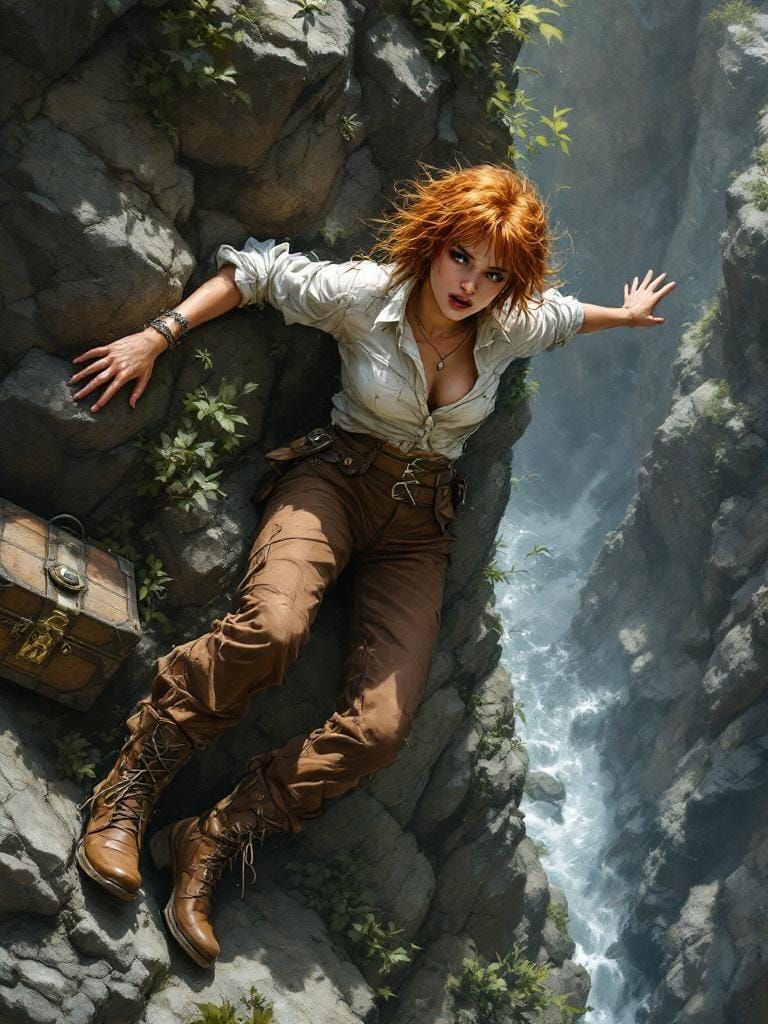 Ginger Adventuress Slides Down Hill with Treasure