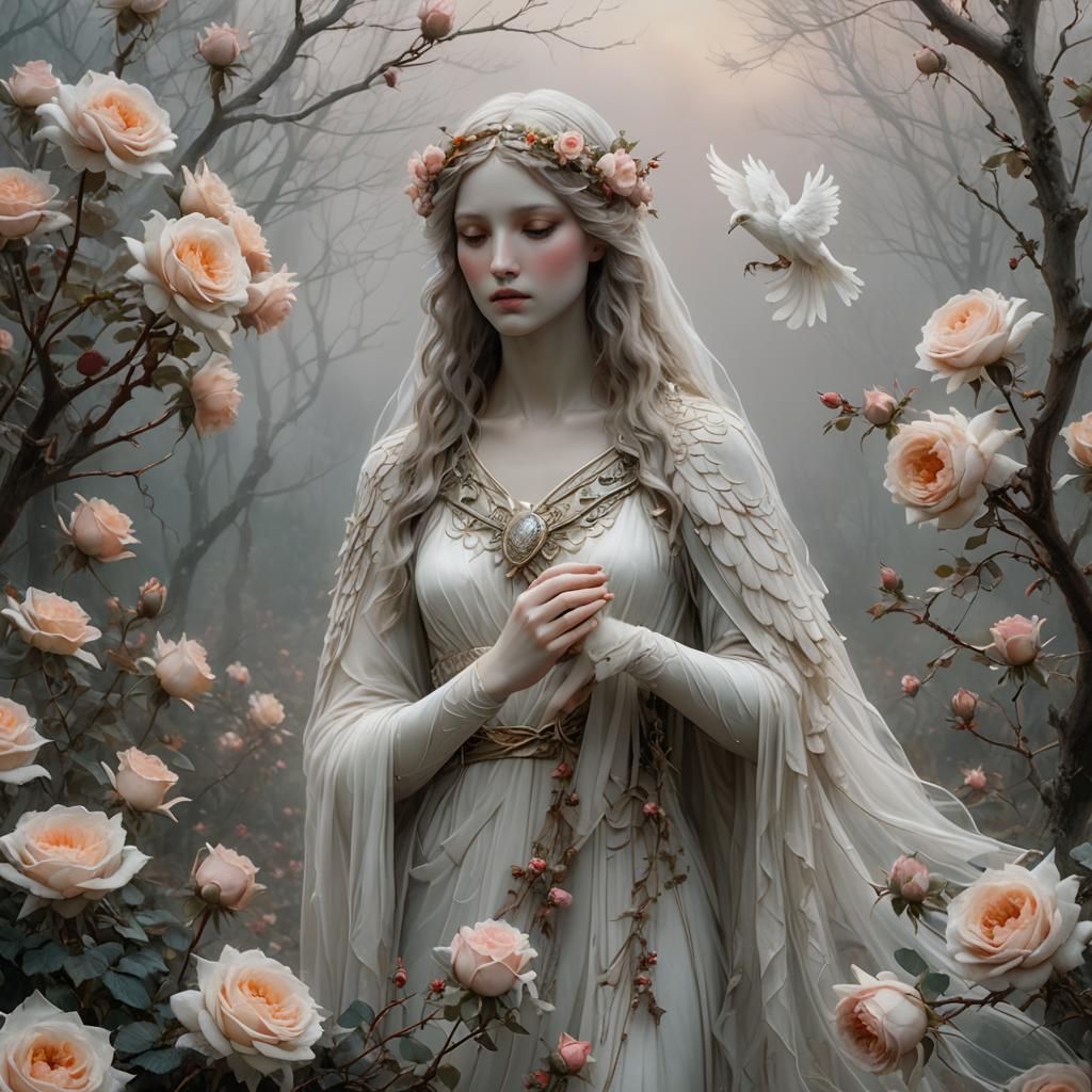 Woman and dove in roses