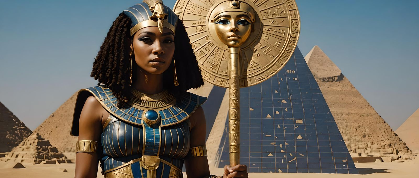 Ancient Egyptian Woman in Gold Hieroglyphic Armor