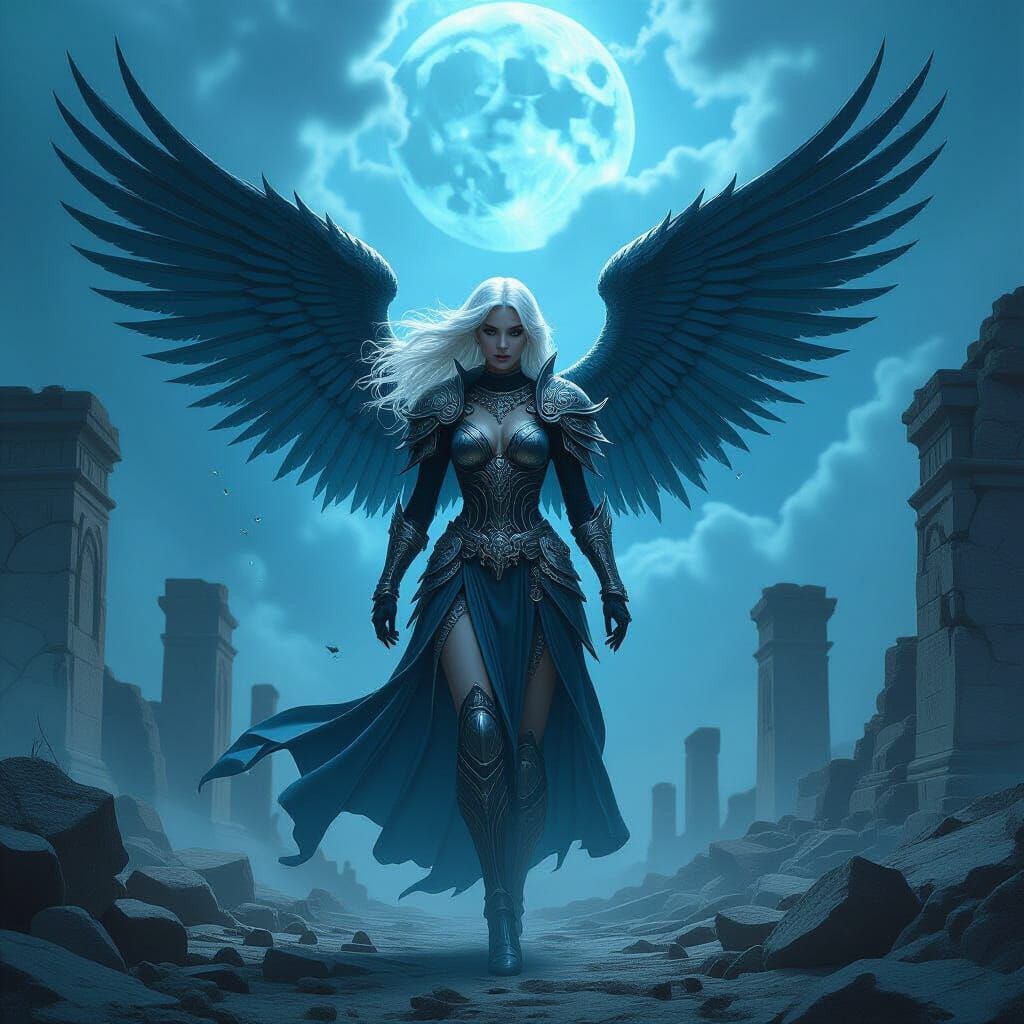 Angel with Obsidian Wings Descends on Alien Ruins