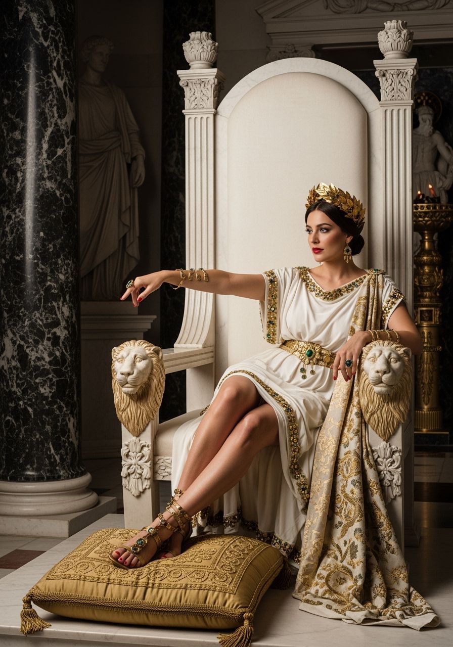 Roman Empress on Marble Throne in Opulent Room