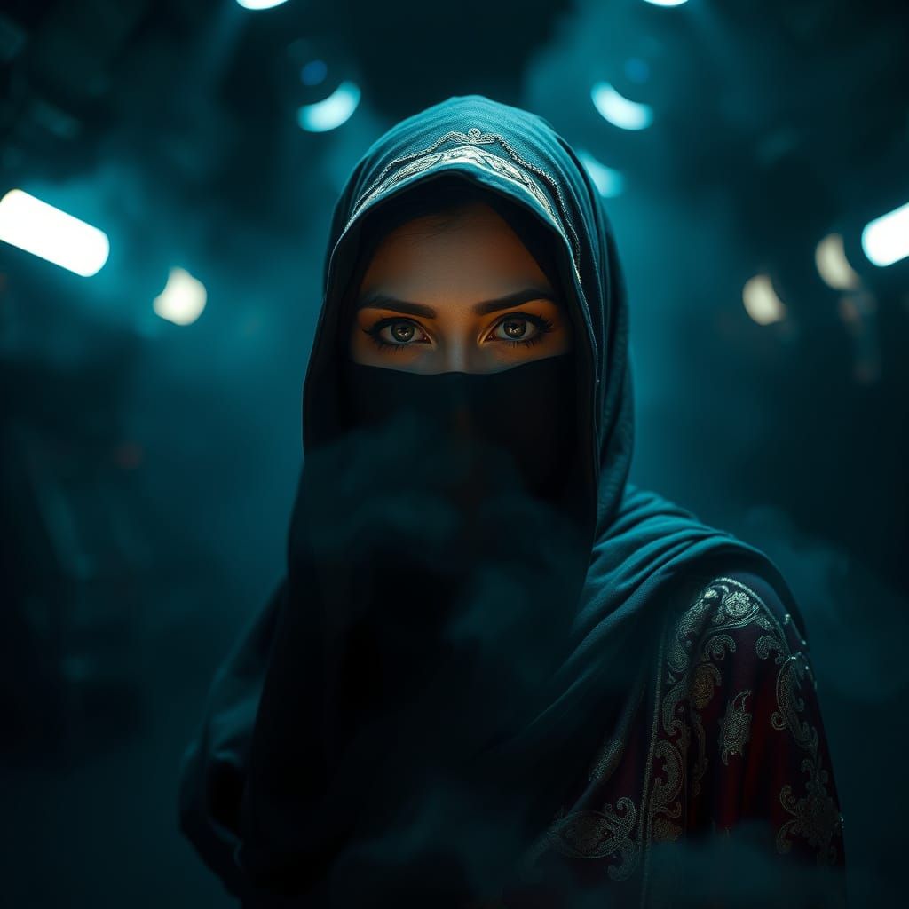Exotic Woman in Burqa Amidst Blacklit Smoke