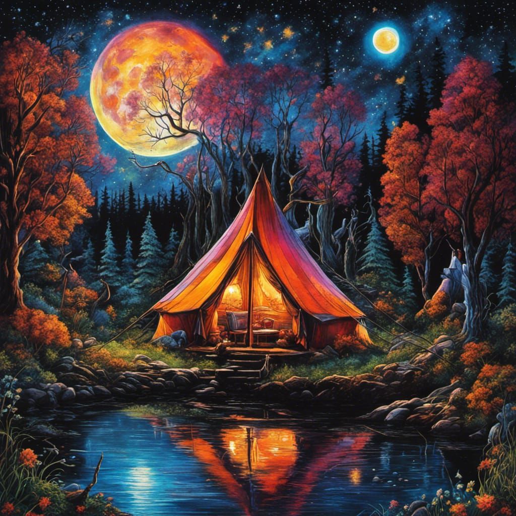 Gothic Bonfire by Bioluminescent Lake: Tim Burton Style