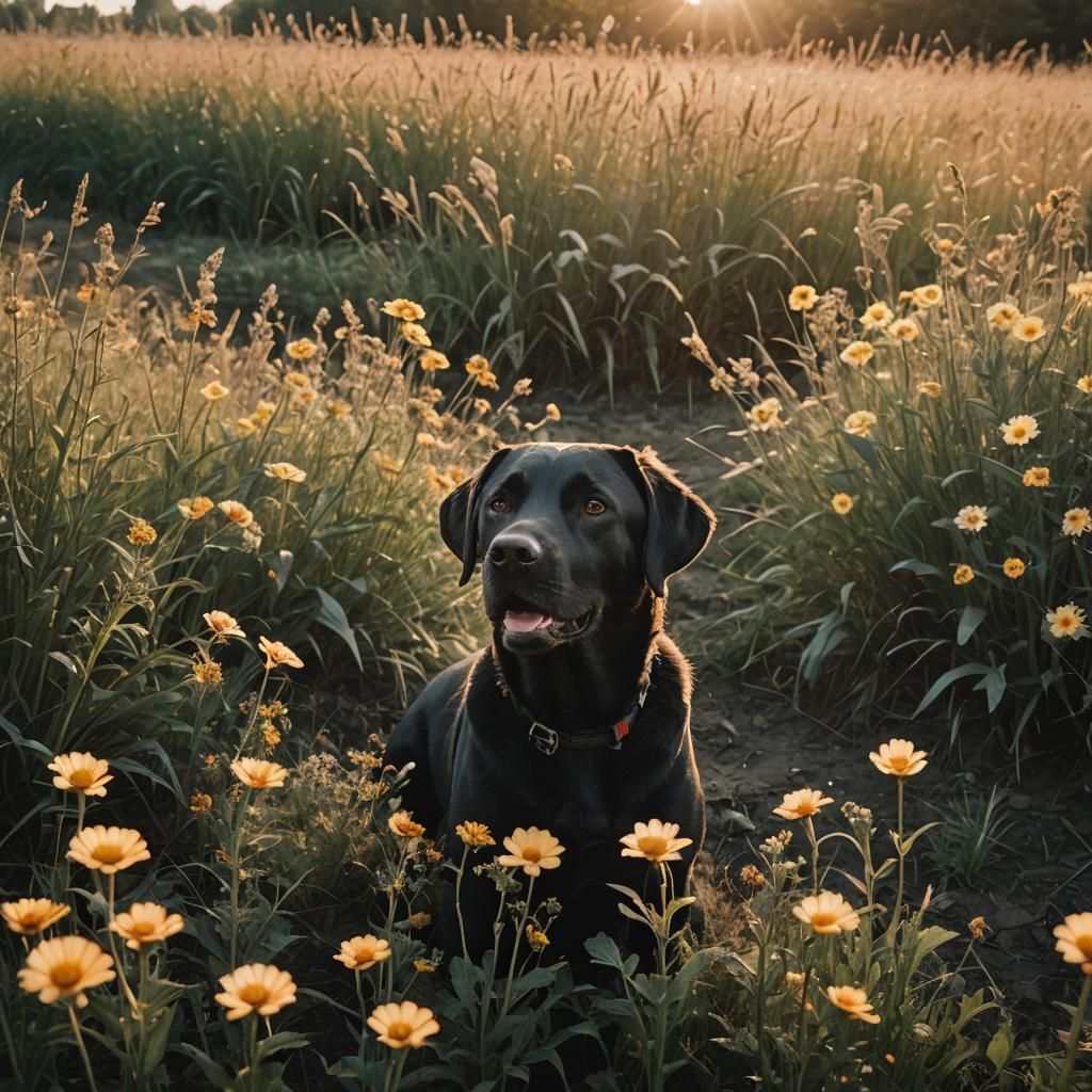Black Labrador in Field at Sunset: Photorealistic
