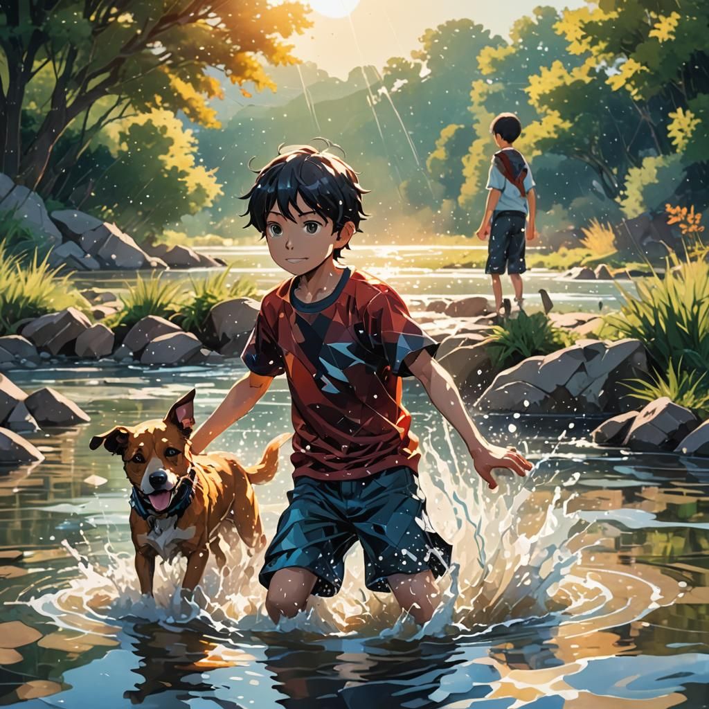 Anime Boy and Dog Playing in River