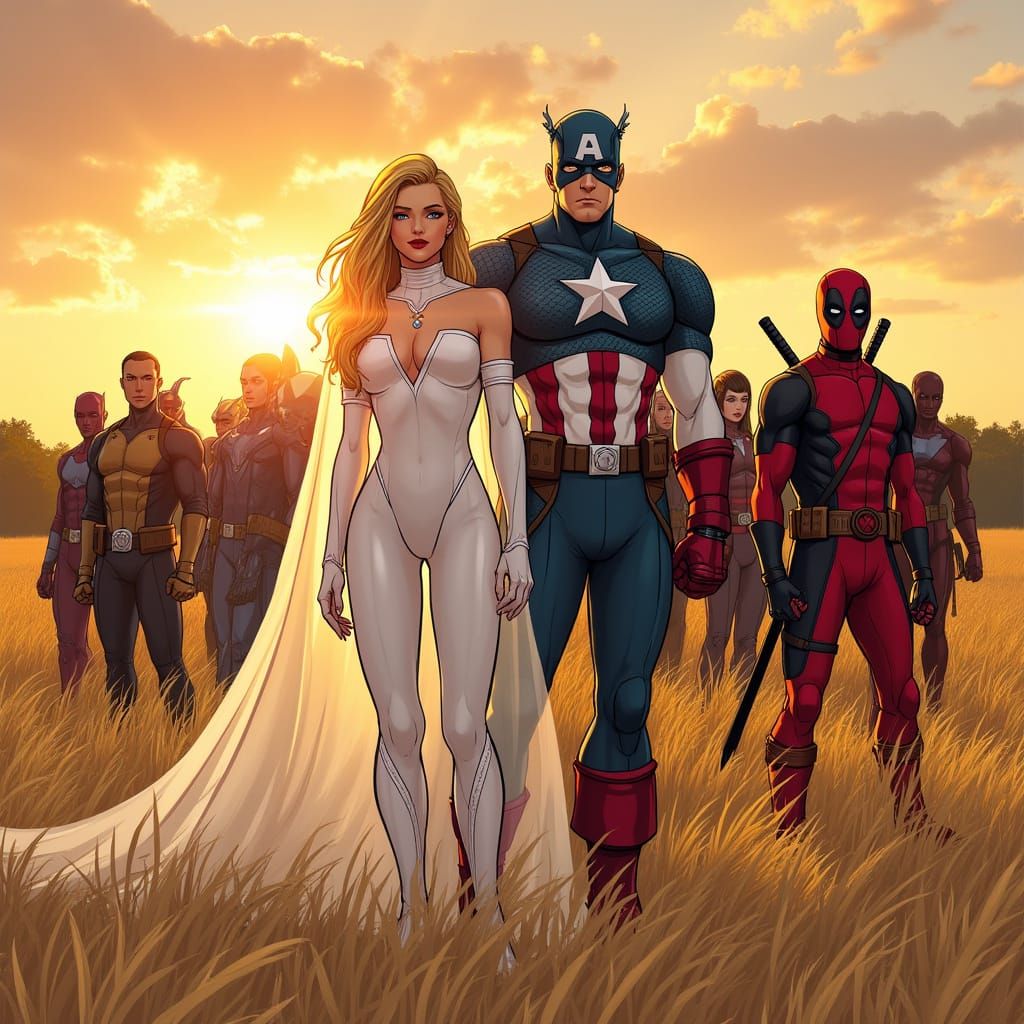 Comic Heroes Gather in Golden Sunset Field