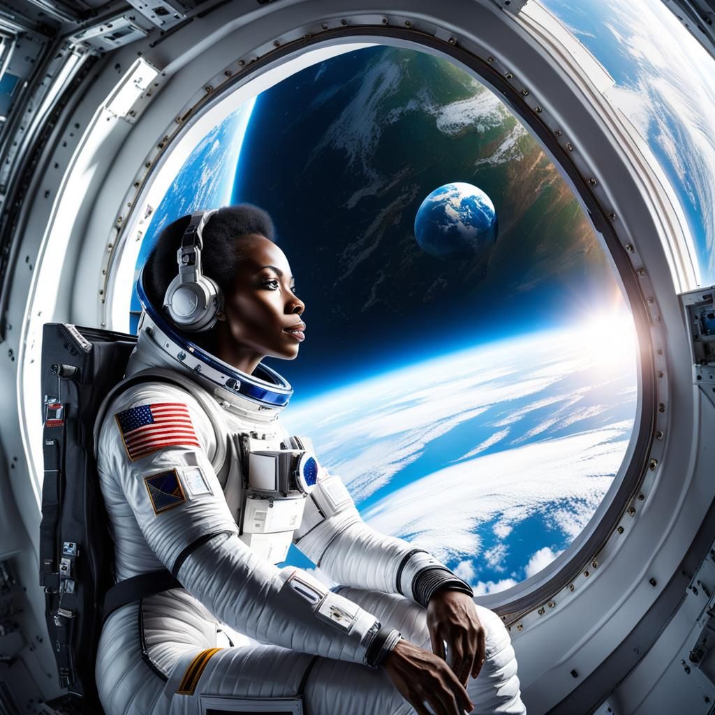 Black Astronaut Gazing at Earth from Space Cabin