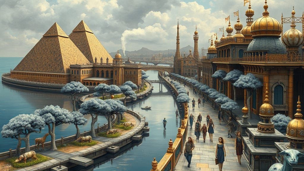 Steampunk Egyptian Metropolis with Mechanical Life