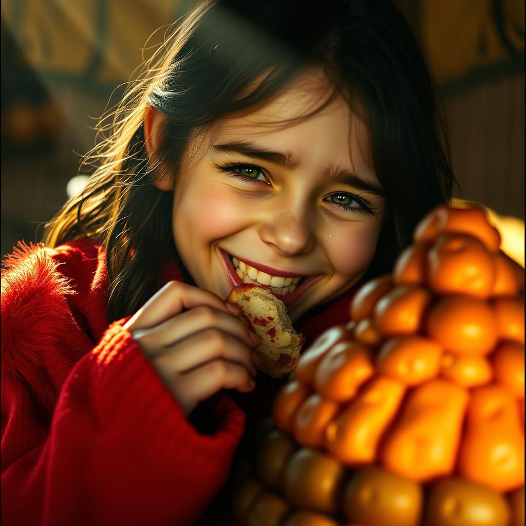 Hobbit Girl Enjoys Croquembouche, Cinematic Lighting
