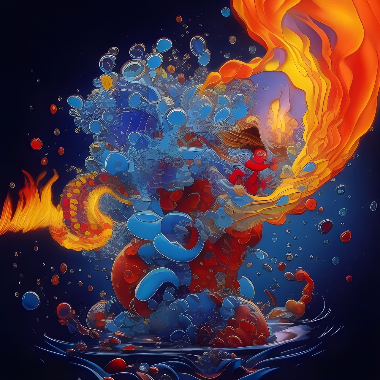 Dynamic Clash of Fire and Water in Maximalist Art