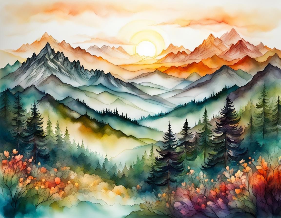 Alcohol Ink Mountain Forest Sunrise Landscape