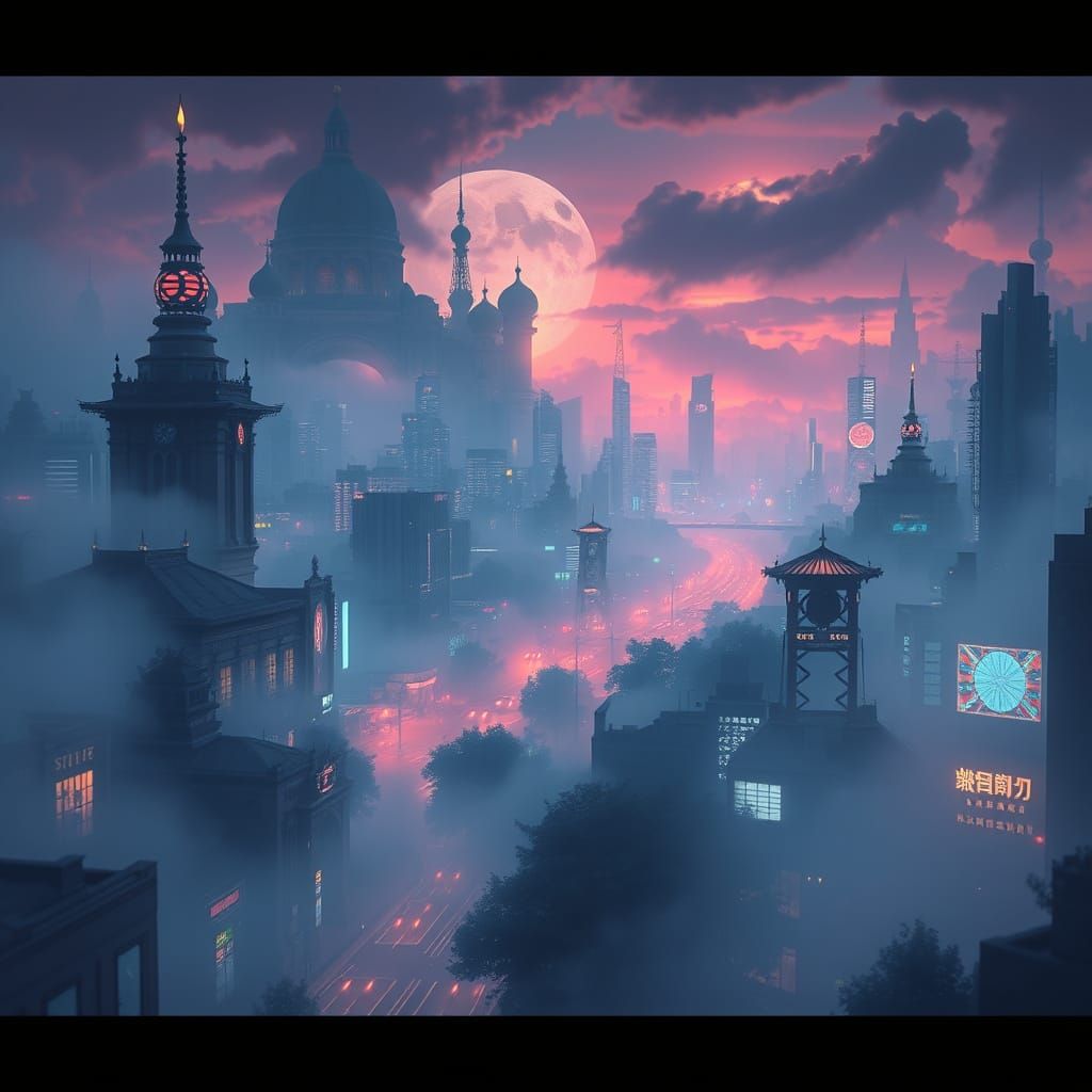 Ethereal Cyberpunk Cityscape at Dawn