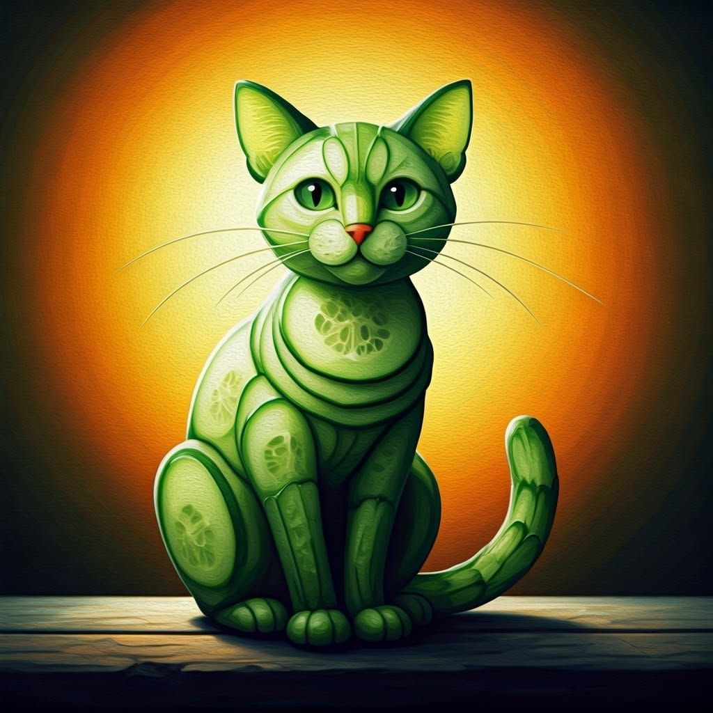 Whimsical Cucumber Cat in Dreamlike Garden Scene