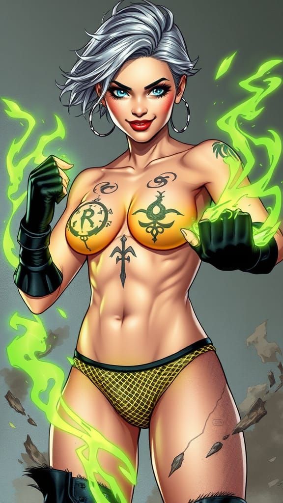 Gritty Female Superhero with Flirtatious Smile and Rune Tatt...