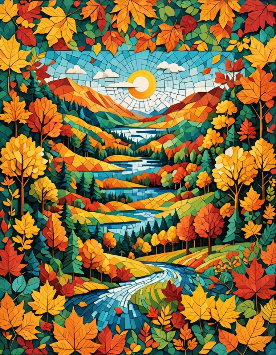 Autumn Landscape Mosaic in Geometric Bauhaus Pop Art