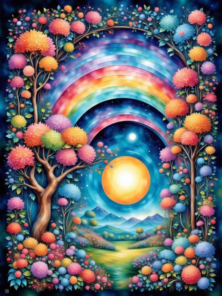 Autumn Trees Frame Cosmic Sunset Landscape in Digital Painti...