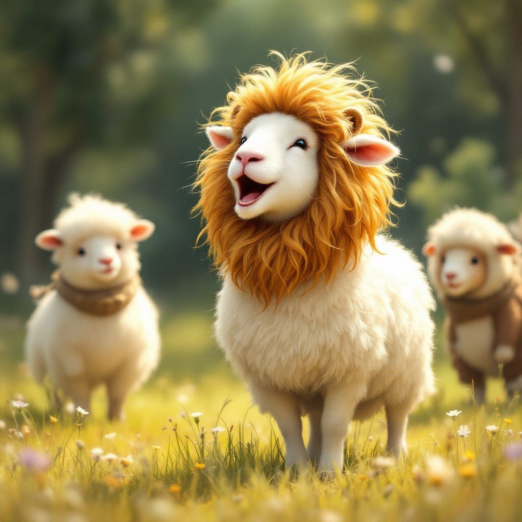 Fluffy Sheep Roars in Lion Costume Storybook Art
