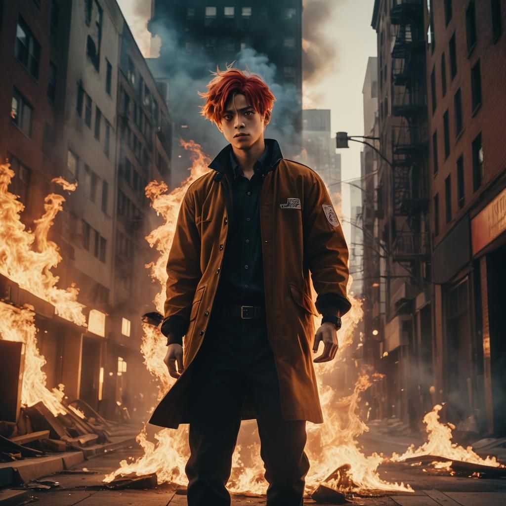 Shoto Todoroki in Burning Cityscape: Film Noir Style