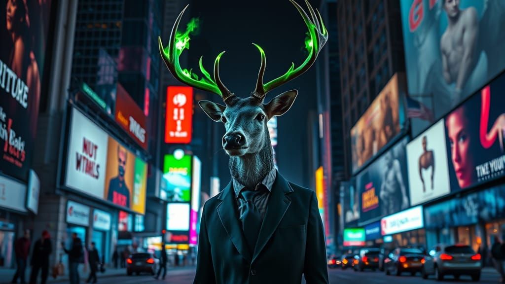 Fiery Deer in Times Square, Dark Fantasy Art