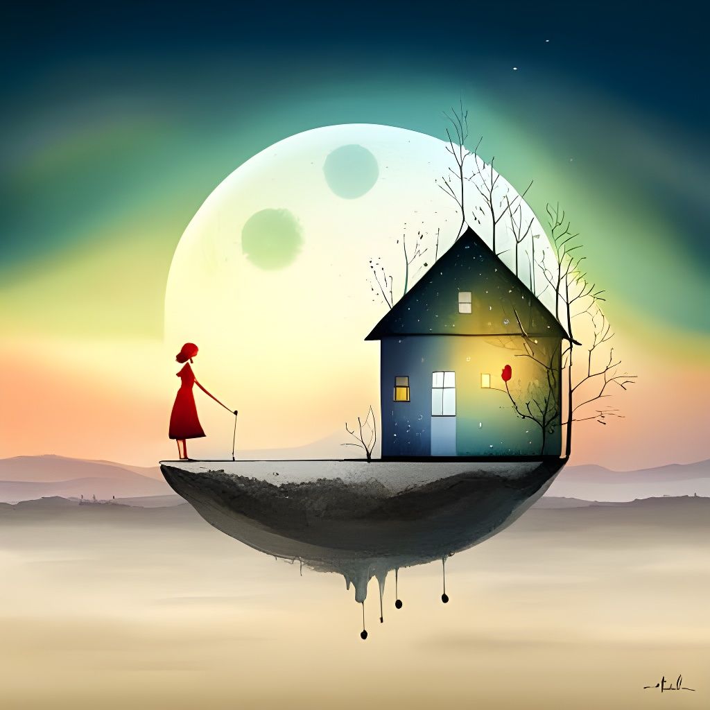 Whimsical House on Moon in Dreamy Illustration