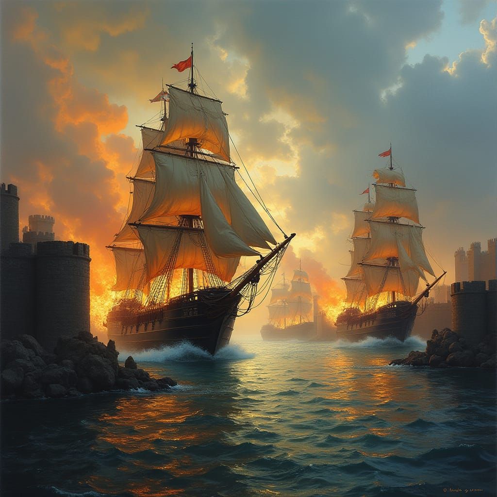 Ships Bombarding Fortress in Romantic Style