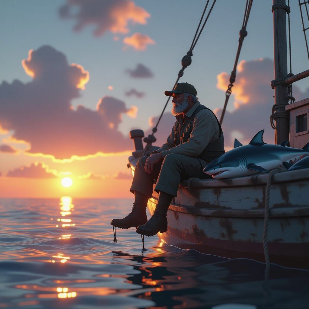 Fisherman's Bounty at Golden Hour in 3D Anime Style