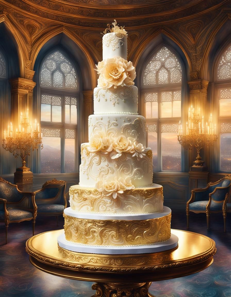 Victorian Gold Wedding Cake Watercolour Portrait