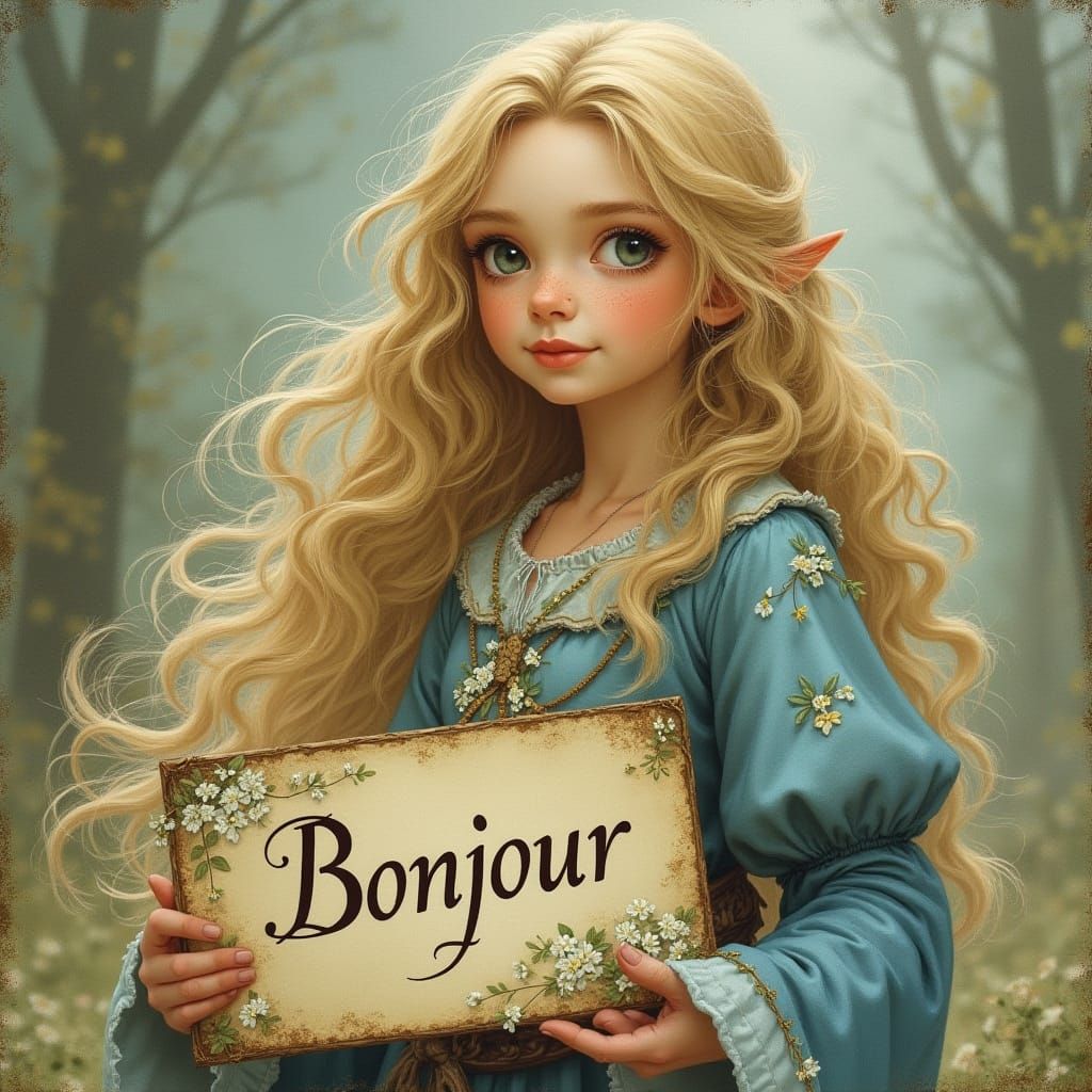 Whimsical Fairy with Sign in Brian Froud Style