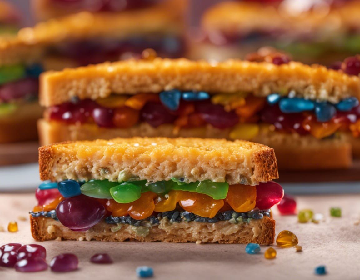 Mesmerizing 16k resolution visual of an adventurous sandwich creation, combining sugary gummy bears, tangy blue cheese, ...