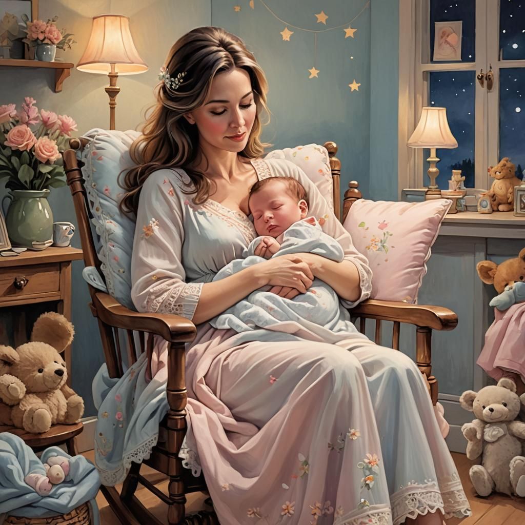 Charming Nursery Scene: Mother and Baby Illustration