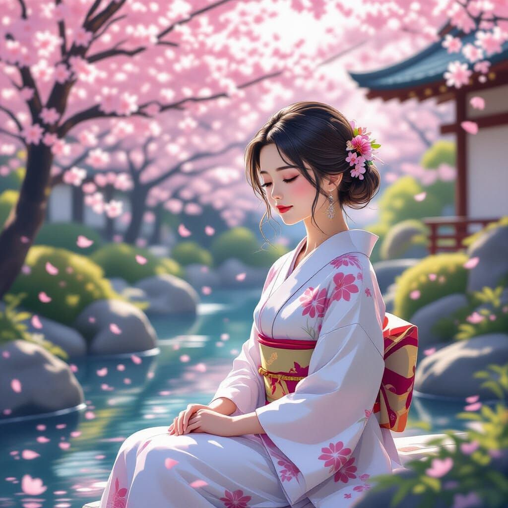 Serene Woman in Japanese Garden Anime Style