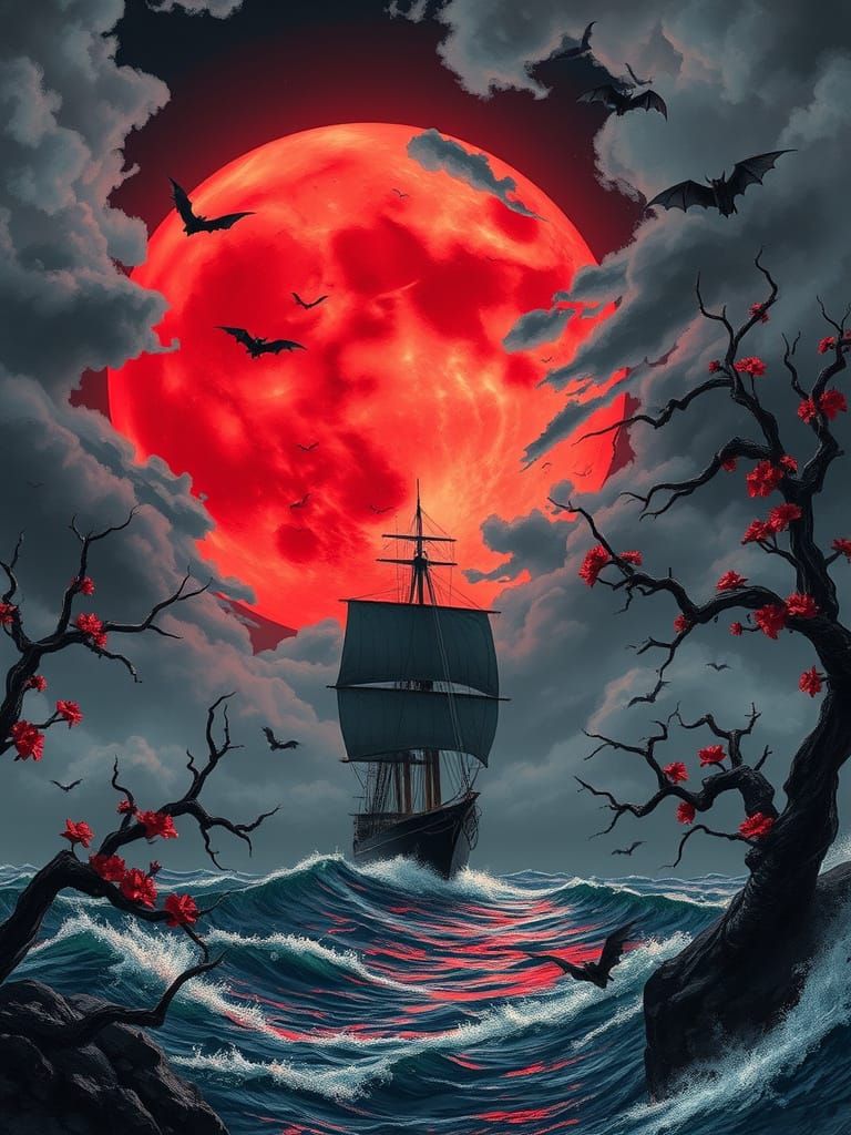 Viking Ship Under Red Moon in Romantic Style