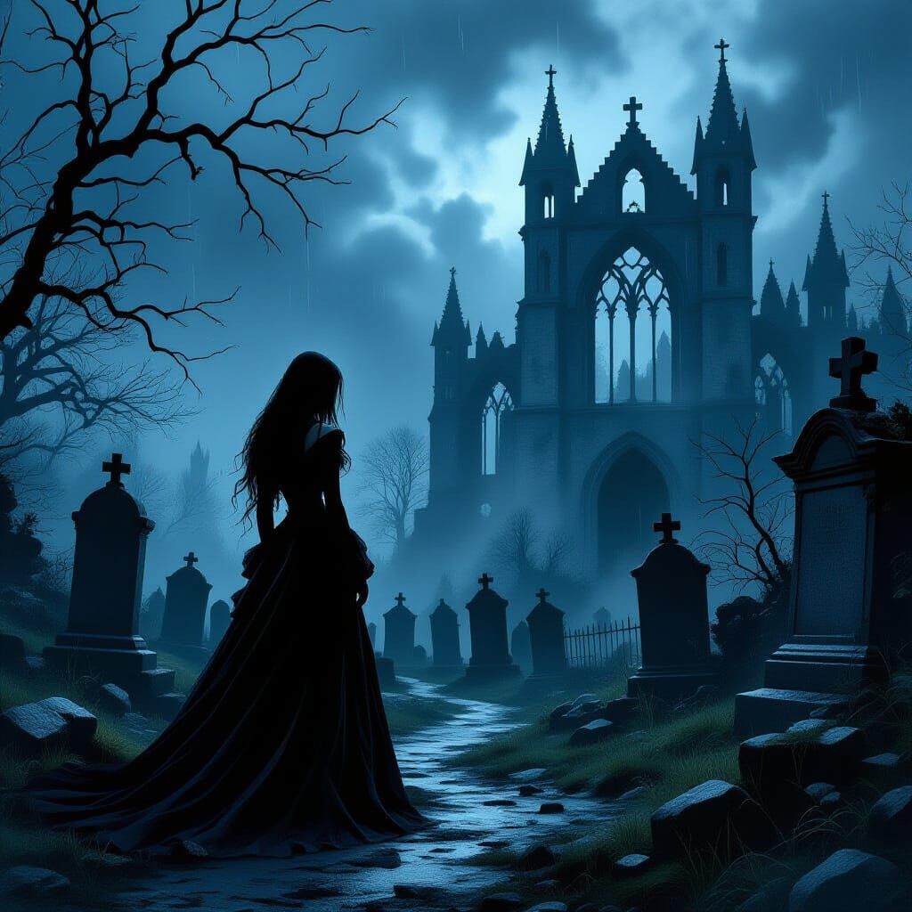 Goth Woman in Rainy Cemetery at Twilight