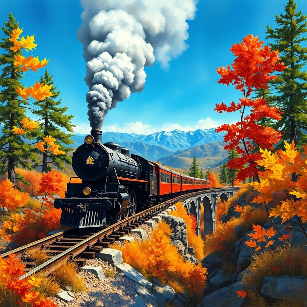 A stunning autumn landscape where a classic black steam loco...