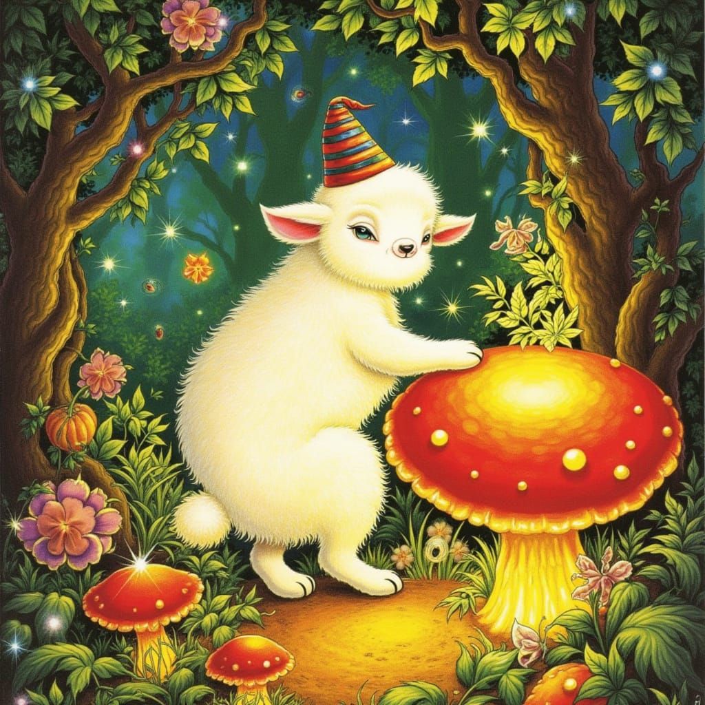 Whimsical Sheep Wizard Casting Spell from Mushroom