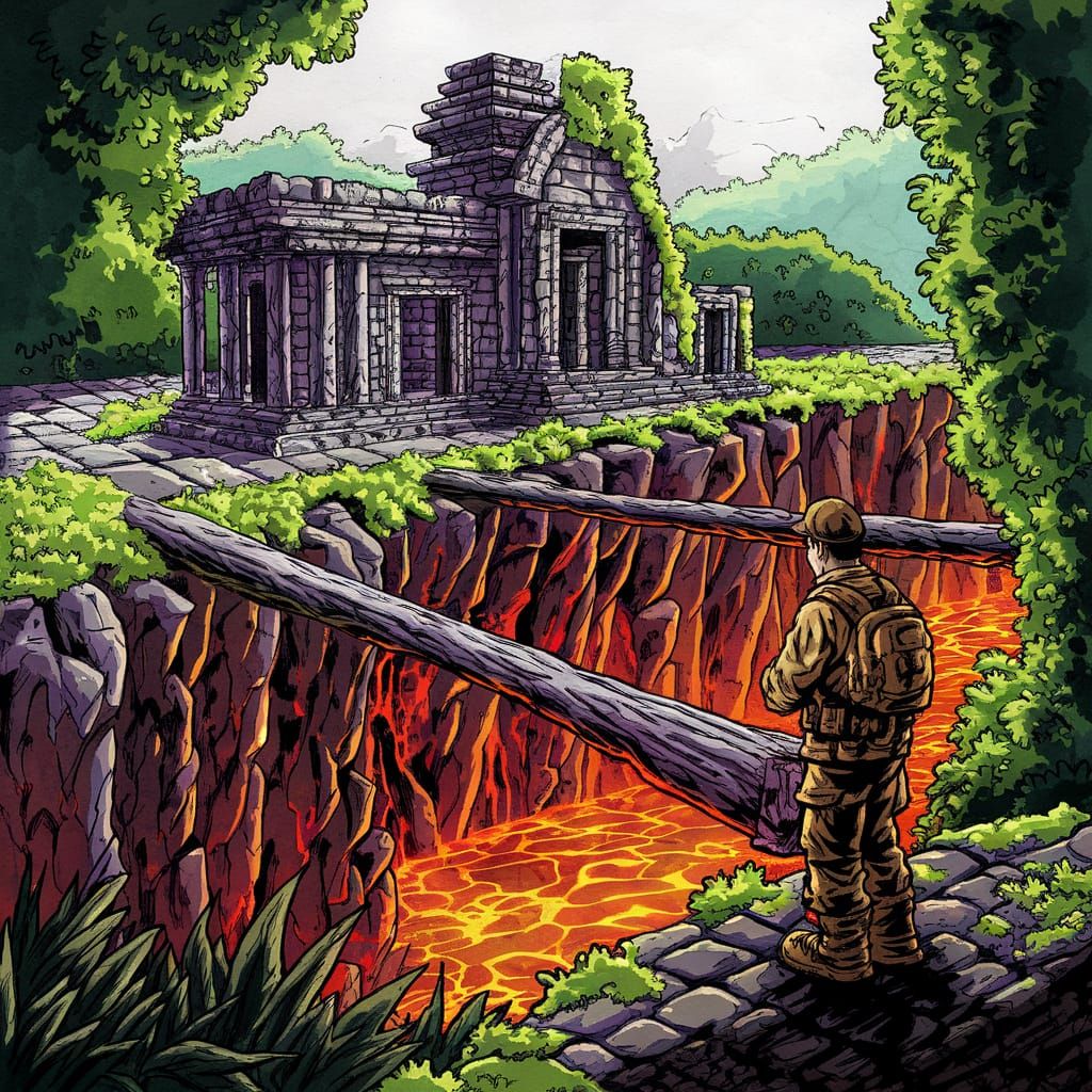 Jungle Temple Chasm Crossing in Alcohol Ink Style