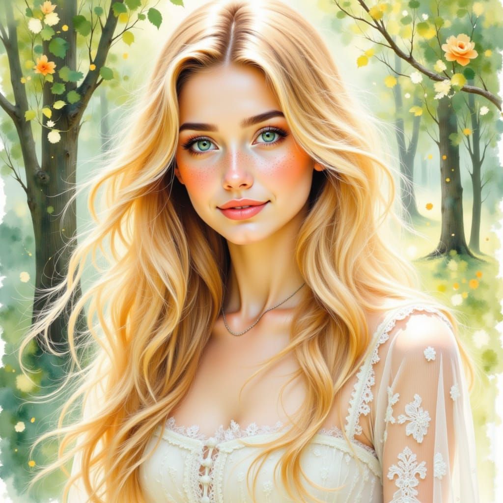 Beautiful Woman in Dappled Wood, Watercolor Pencil Sketch