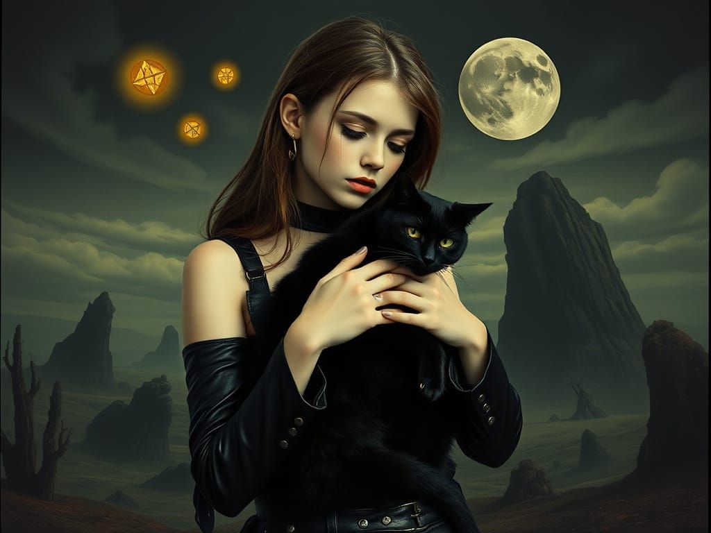 Gothic Woman with Shadow Cat in Surreal Landscape