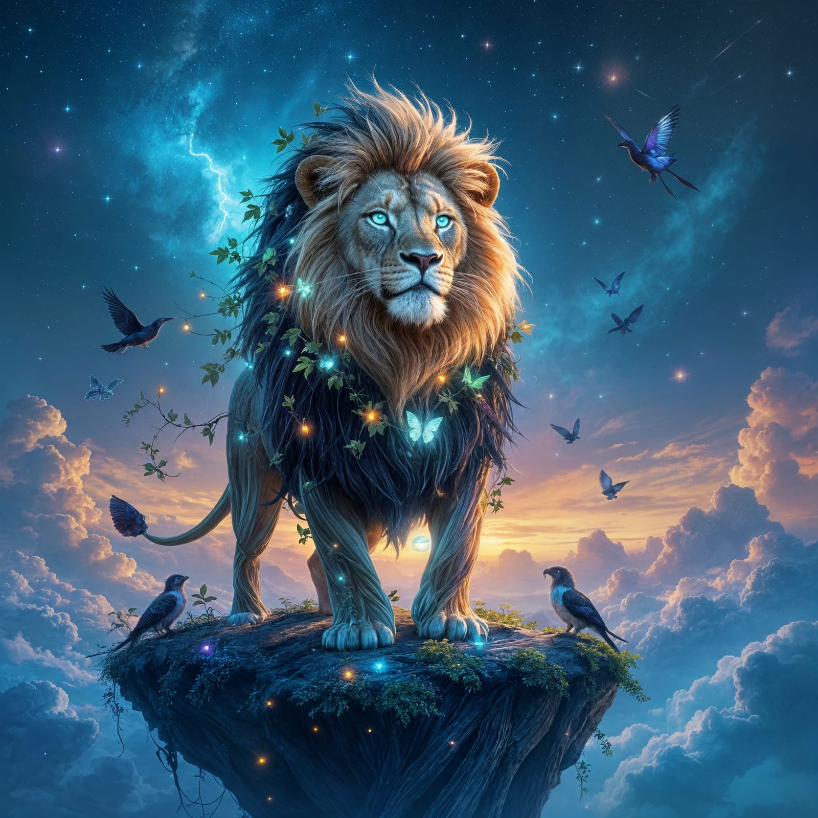 Bioluminescent Lion Nebula Fantasy Art in Hyperrealistic Sty...