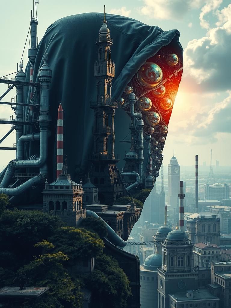 Hooded Figure in Cyberpunk Mindscape Double Exposure