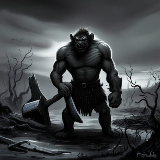 Dark Fantasy War Troll in Gloomy Swamp