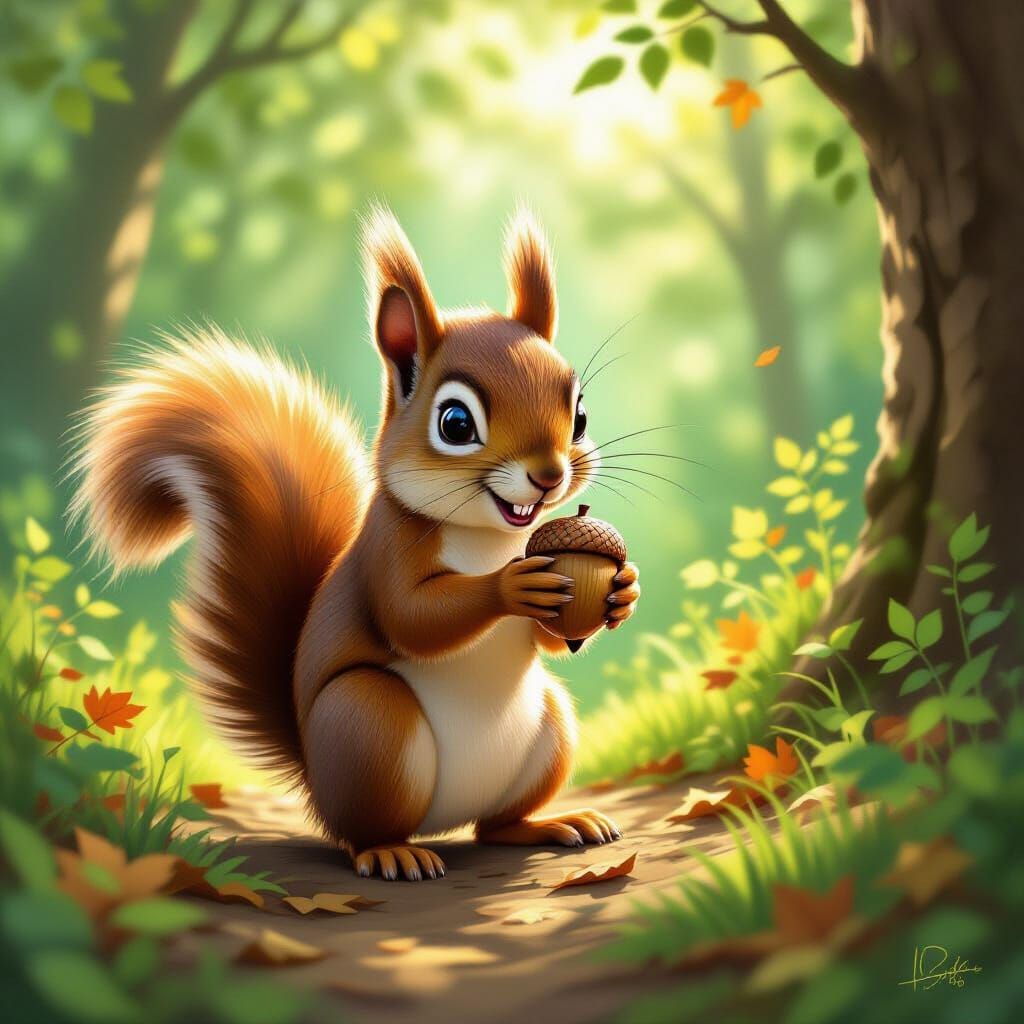 Mischievous Squirrel Steals Acorn in Sunlit Forest