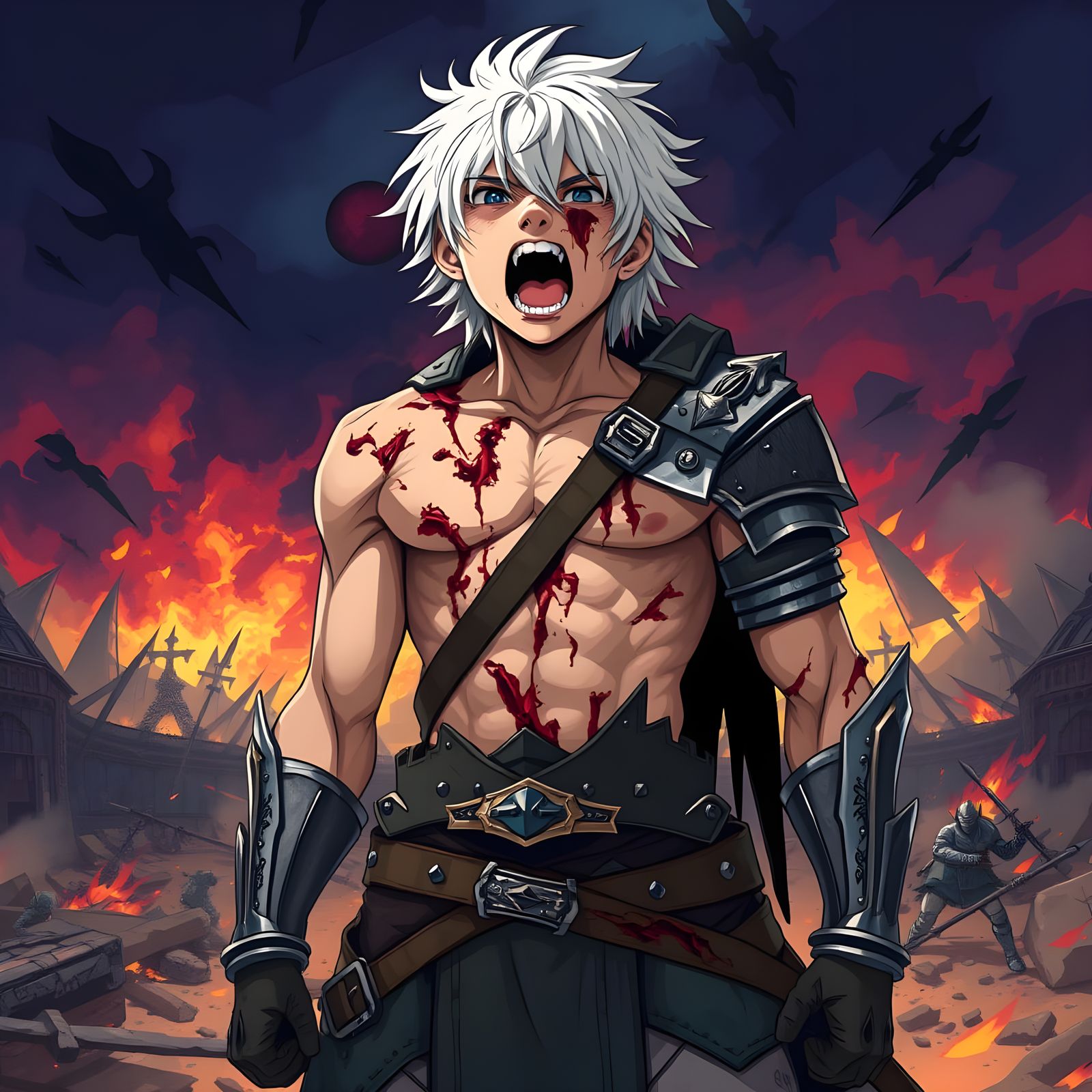 Wounded Warrior Screaming on Battlefield, Anime Style