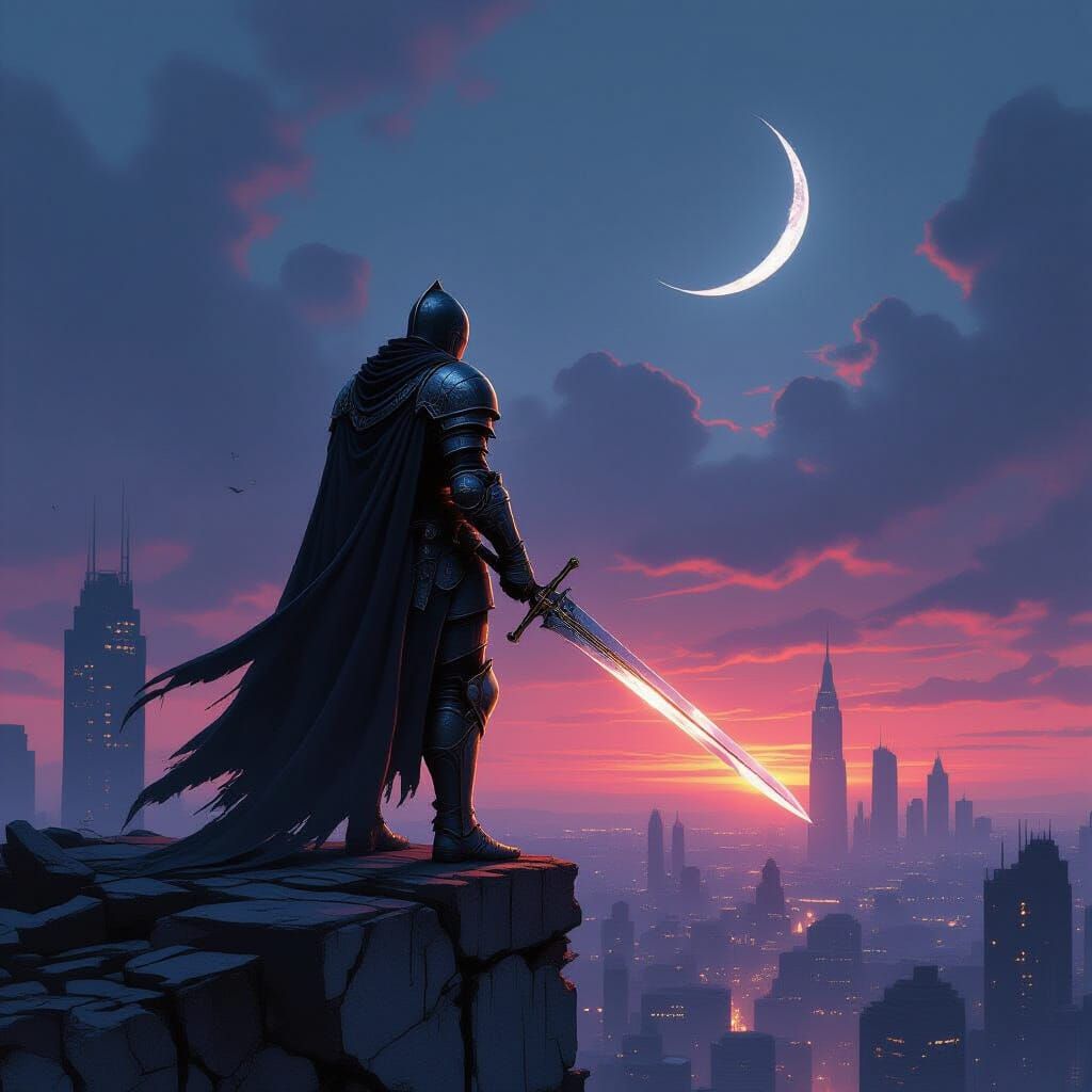 Knight Overlooking Post-Apocalyptic Cityscape at Twilight