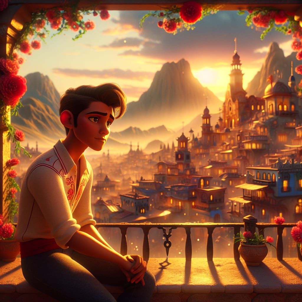 Hispanic Youth in Magical Town Sunset, 3D Animation Style