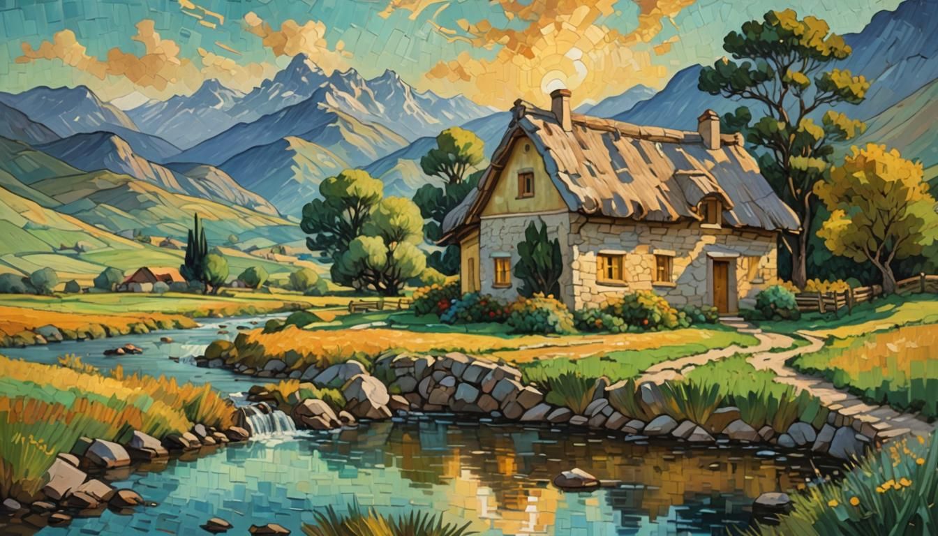 Romantic Cottage Landscape in Van Gogh Style