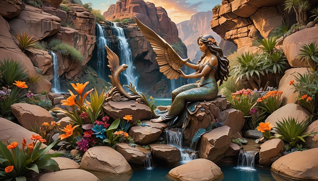 Mermaid Sculpture Oasis in Desert Canyon