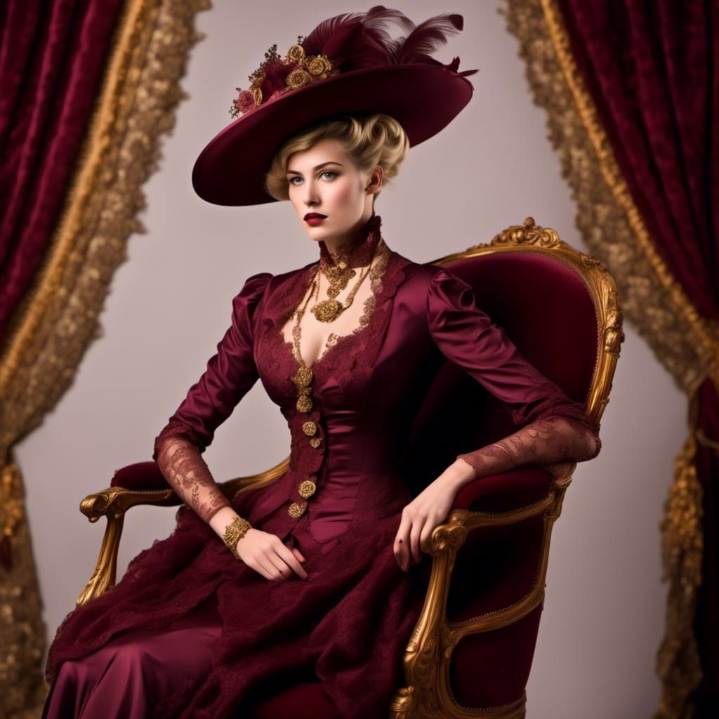Beautiful Edwardian Woman in Burgundy and Gold