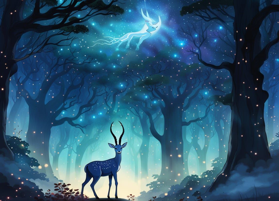 Radiant Gazelle in Ominous Forest: Ukiyo-e Anime Art